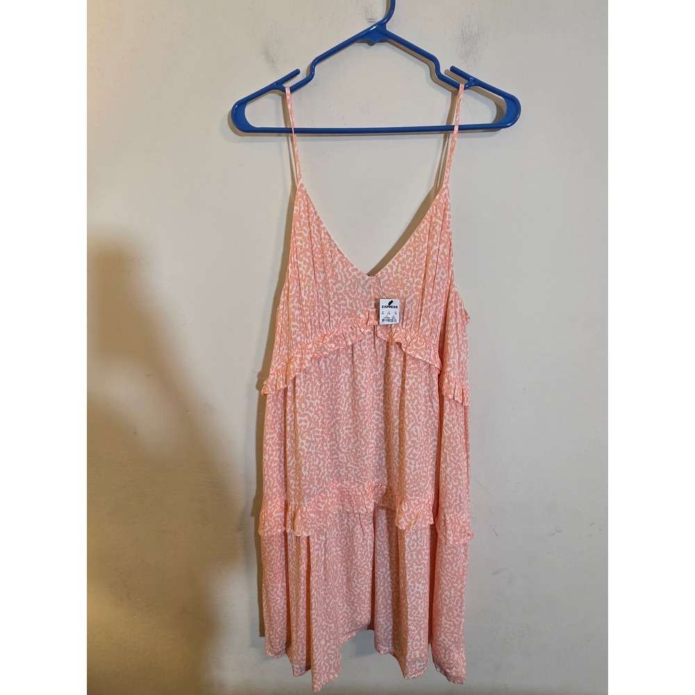 Express Peach Animal Print Tiered Ruffle Mini Dress Adjustable Straps Large NWT
